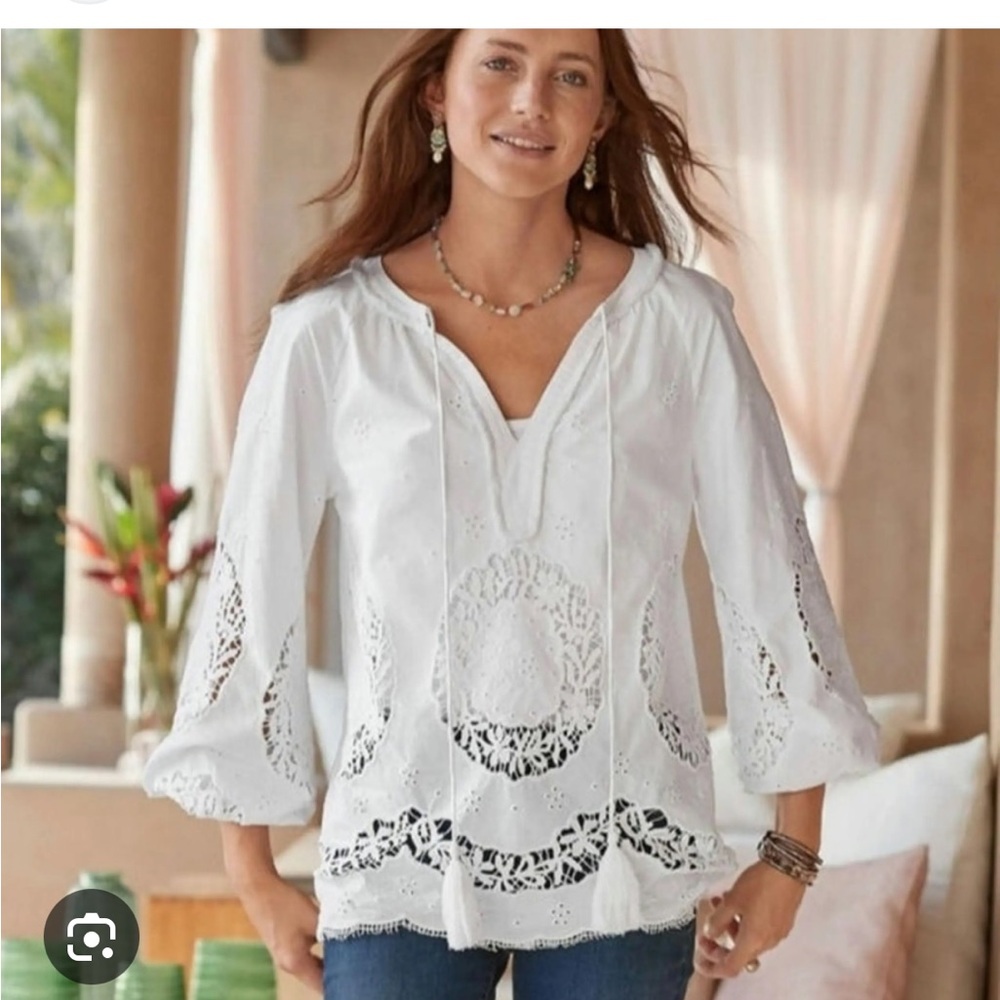 Sundance White Cotton Eyelet Lace Boho princess Blouse Tassel Tie Peasant  PS